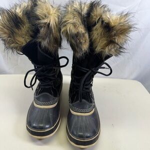 Sorel Boots Joan of Arc Women's Sz 8 M Black Faux Fur Trim NL1540-248 Snow EUC